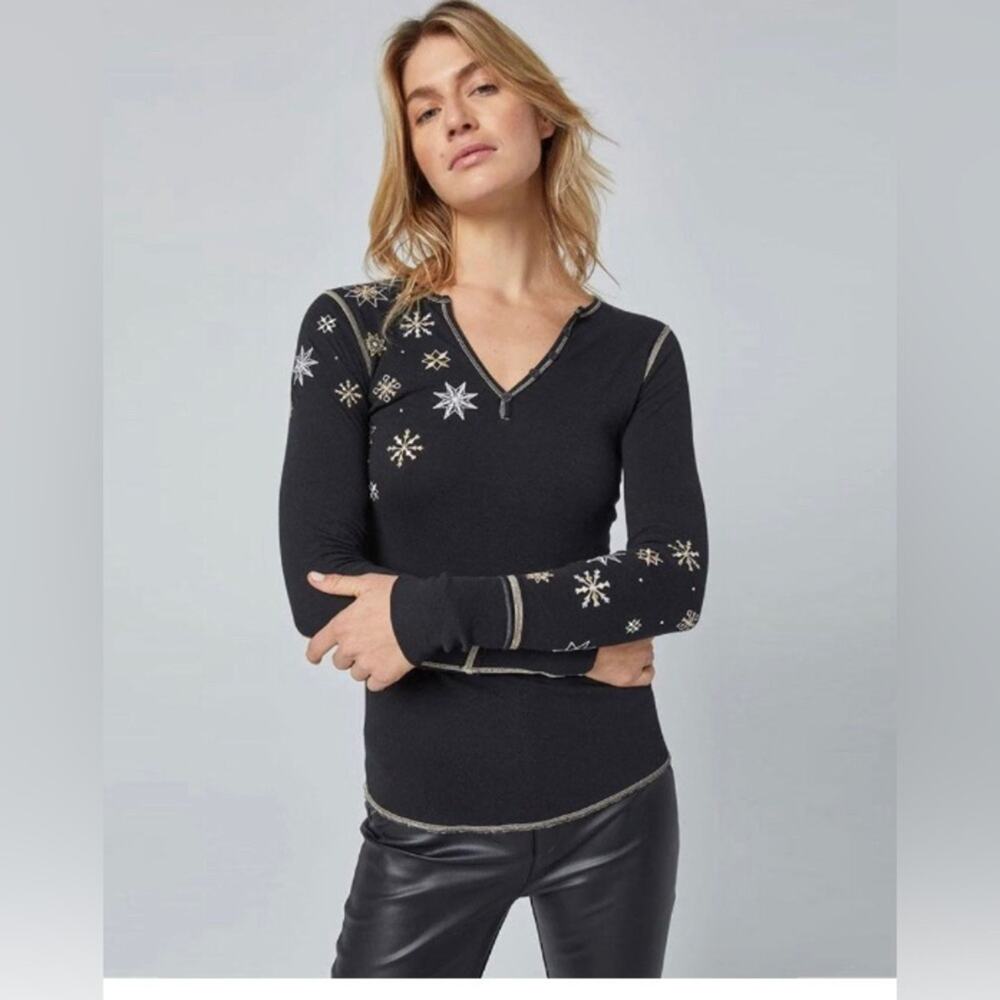 Alp N Rock Natasha Henley Shirt black, edelweiss flower embroidery womens S